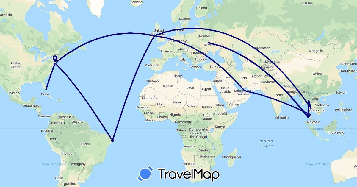 TravelMap itinerary: driving, plane in United Arab Emirates, Brazil, Ireland, Thailand, Ukraine, United States (Asia, Europe, North America, South America)